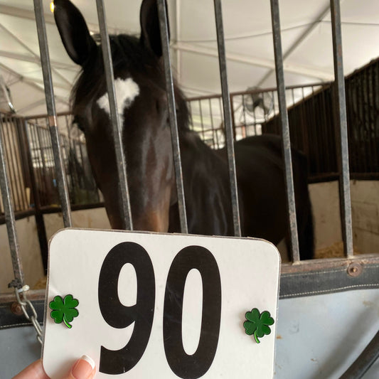 pinsnickety clover pins on a horse show number in front of a horse's face