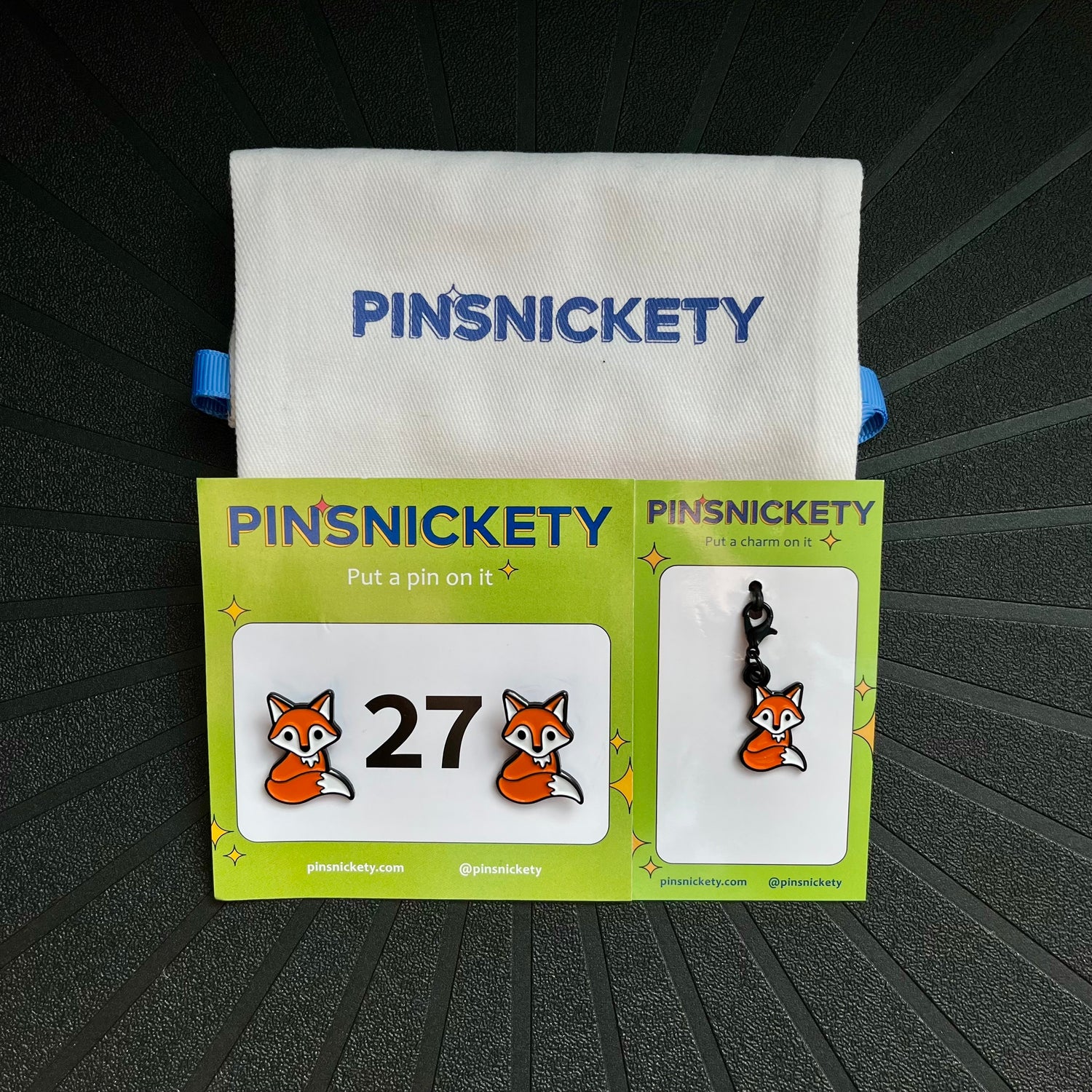Pinsnickety fox horse show number pins and braid and bridle charm in a matching set with a Pinsnickety twill storage bag