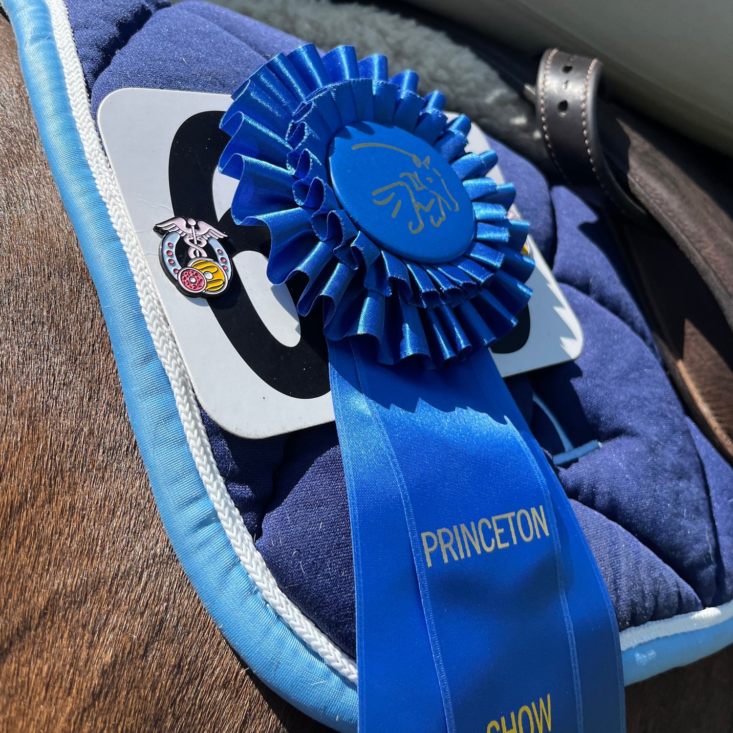 pinsnickety custom horse show number pins, featuring a horse shoe and donuts, on a saddle pad with a blue ribbon