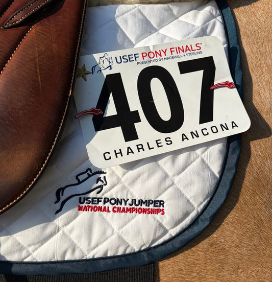 custom pinsnckety horse show number pins for ushja affix the show number 407 on a usef pony jumper national championship saddle pad on a palamino pony
