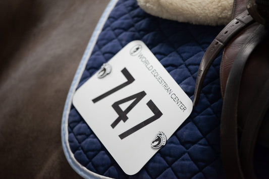 a close up of a horse show number on a blue saddle pad, attached with retired racehorse project number pins made by pinsnickety. the pins have a horse's head with teh letters OTTB over the neck