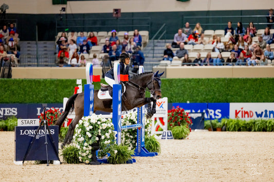 a young rider jumps a dark pony over a fence at the washington international horse show wearing pinsnickety queen bee horse show number pins to attach her show number to her saddle pad