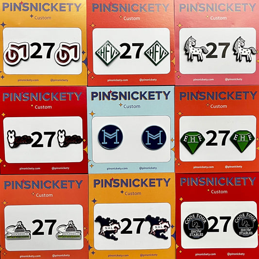 A 3x3 grid of colorful square cards displaying pinsnickety custom horse show number pins,