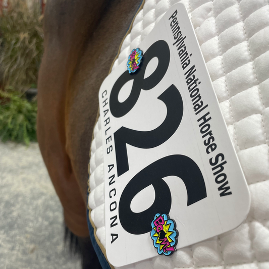 pinsnickety boom! horse show number pins on a saddle pad
