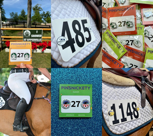 a grid of photos showing pinsnickety custom horse show number pins at numerous shows, including Lake Placid, Loudoun Benefit, Upperville, Swan Lake and Saratoga