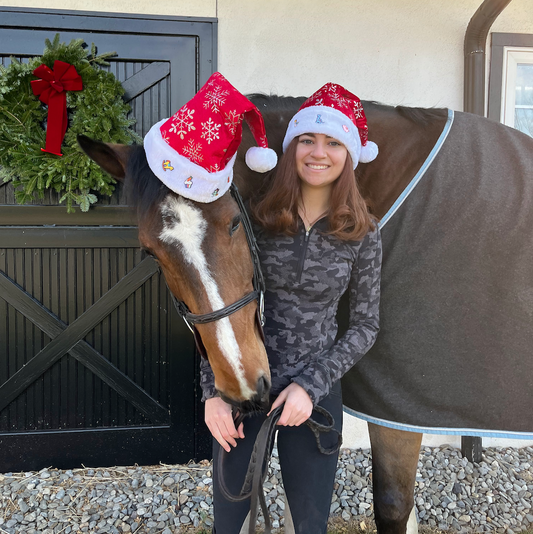 a horse and rider wearing santa hats decorated with pinsnickety horse show number pins