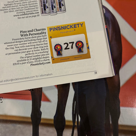 pinsnickety champion horse show number pins featured in the november 2024 issue of Sidelines Magazine in its "under the tree" section