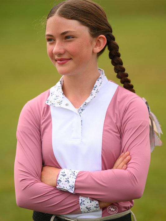 Girls "Luna II" Dark Pink with Unicorns Long Sleeve Performance Show Shirt