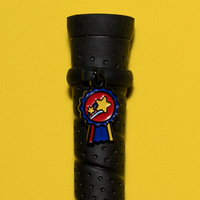 Pinsnickety Champion crop charm on a whip handle in front of a colored background