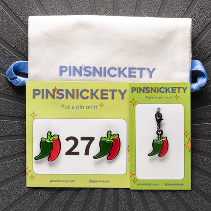 pinsnickety chili pepper horse show number pins and braid and bridle charm set with a twill storage bag