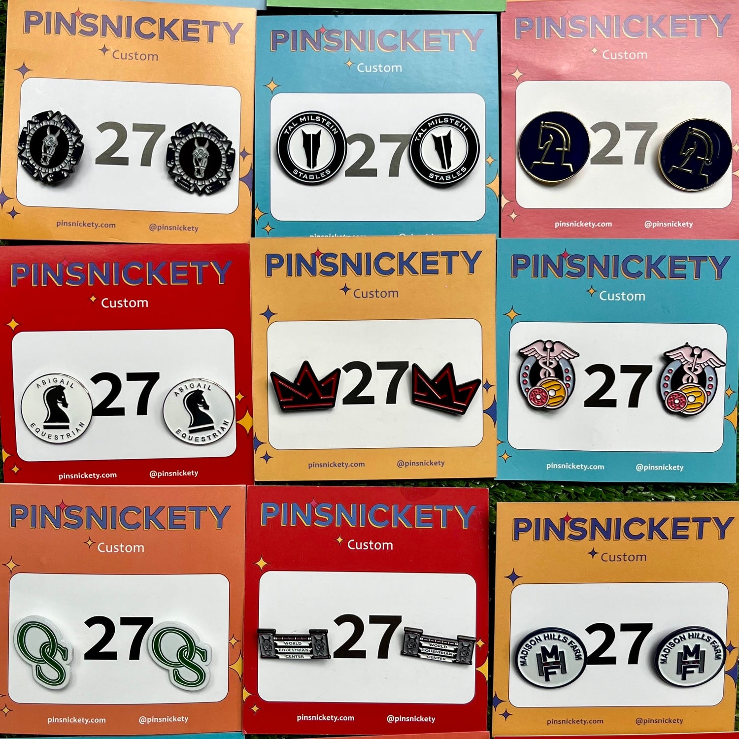 a grid of Pinsnickety custom horse show number pins showing designs for nine barns, individuals, and horse shows.