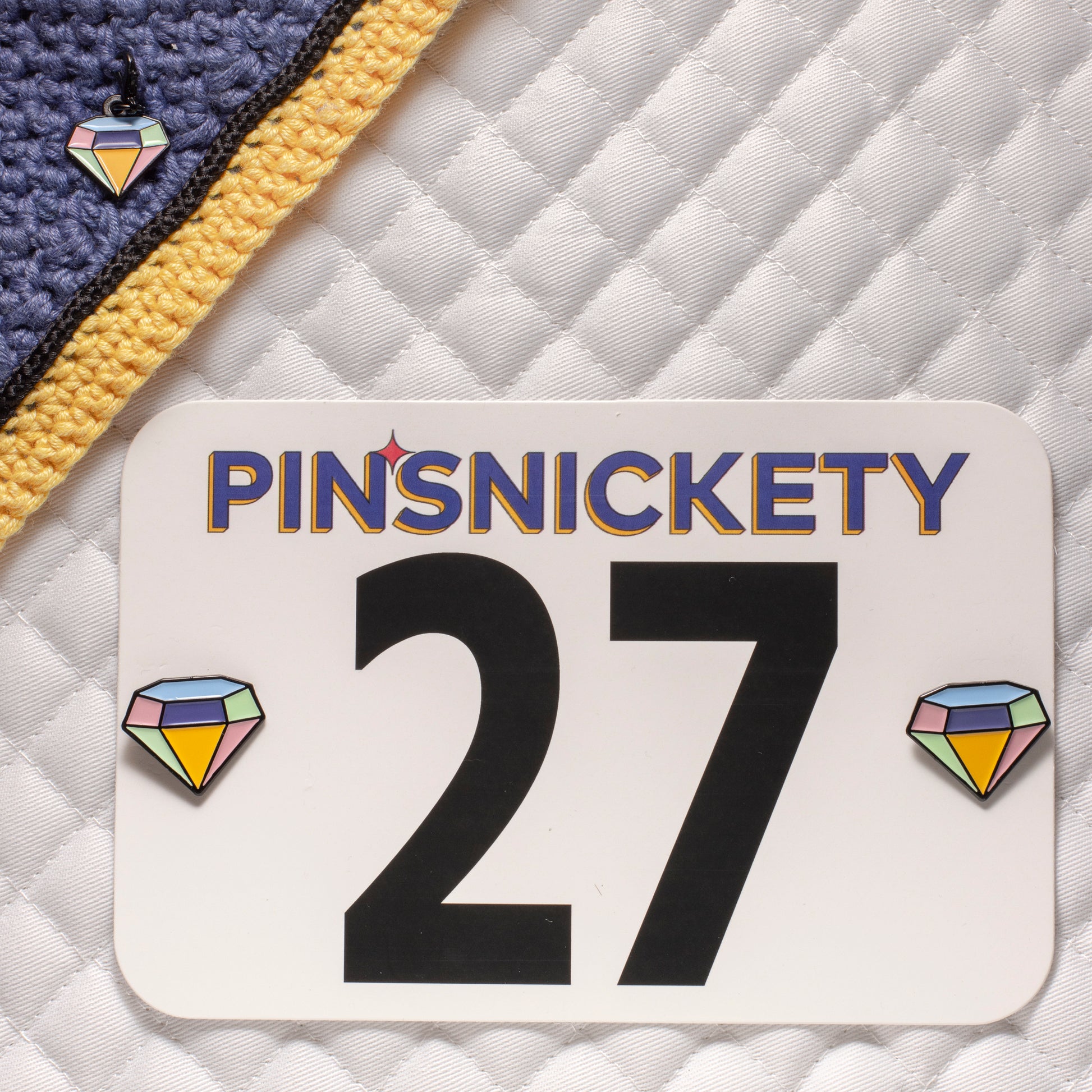 pinsnickety gem set, featuring gem horse show number pins on a saddle pad and a gem bridle charm on a bonnet