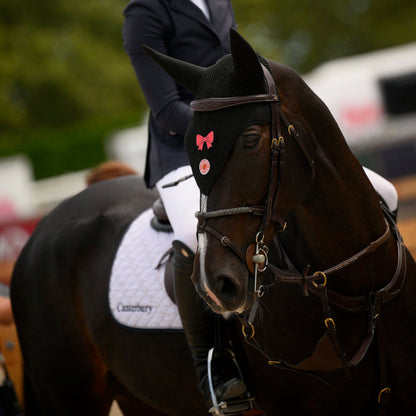 A rider in dark equestrian attire sits on a dark brown horse outdoors, with trees and a blurred event background. The horse wears a bridle and a Pinsnickety back off red ribbon bonnet pin on its forehead.