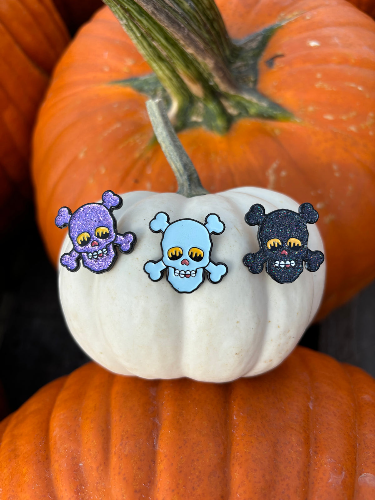 pinsnickety skull equestrian pins on a pumpkin in a pumpkin patch