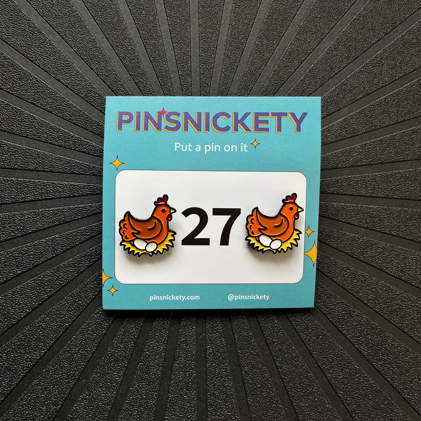 pinsnickety chicken horse show number pins on their product packaging card