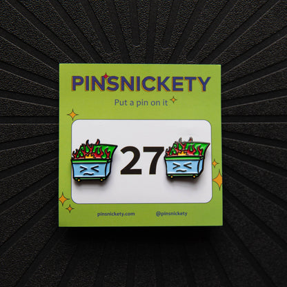 Pinsnickety Dumpster Fire horse show number pins on their product packaging card