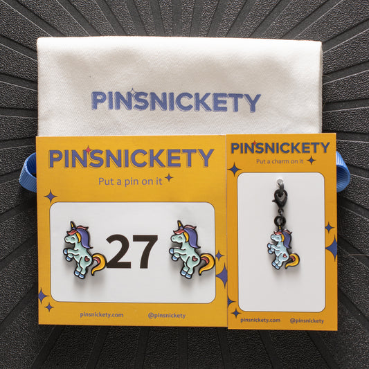 pinsnicikety flying unicorn set with horse show number pins and a braid bonnet bridle charm on cards