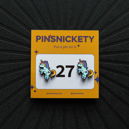 Pinsnickety Flying Unicorn horse show number pins on their product packaging card